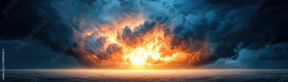 Fototapeta premium Dramatic Sunset Over Ocean Waves Illuminated By Thunderous Clouds and Vibrant Colorful Skies