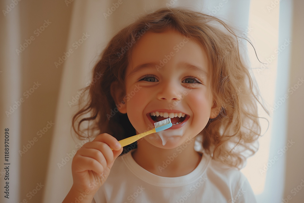 Joyful child brushing teeth with yellow toothbrush and foam in a bright and cheerful bathroom Joyful child brushing teeth with yellow toothbrush and foam in a bright and cheerful bathroom