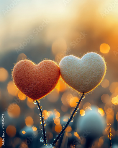Two vibrant felt hearts adorned with dew drops stand tall among soft foliage in a golden sunrise glow