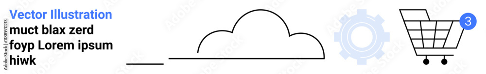Shopping cart with a notification icon, cloud, and gear. Ideal for e-commerce, online shopping, app interfaces, notifications, cloud storage, digital settings, and user experience. Landing page Shopping cart with a notification icon, cloud, and gear. Ideal for e-commerce, online shopping, app interfaces, notifications, cloud storage, digital settings, and user experience. Landing page