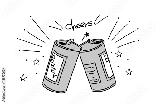 缶ビールの乾杯イラスト(グレースケール) キラキラ 星