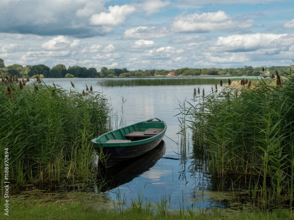 Serene lakeside landscape, green rowboat moored in reeds, reflective calm water, lush green trees and grass, puffy white clouds, summer day, peaceful countryside scene, photorealistic, high detail, so