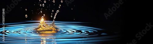 Close-up of Water Splash with Droplets against Dark Background and Reflections of Light photo