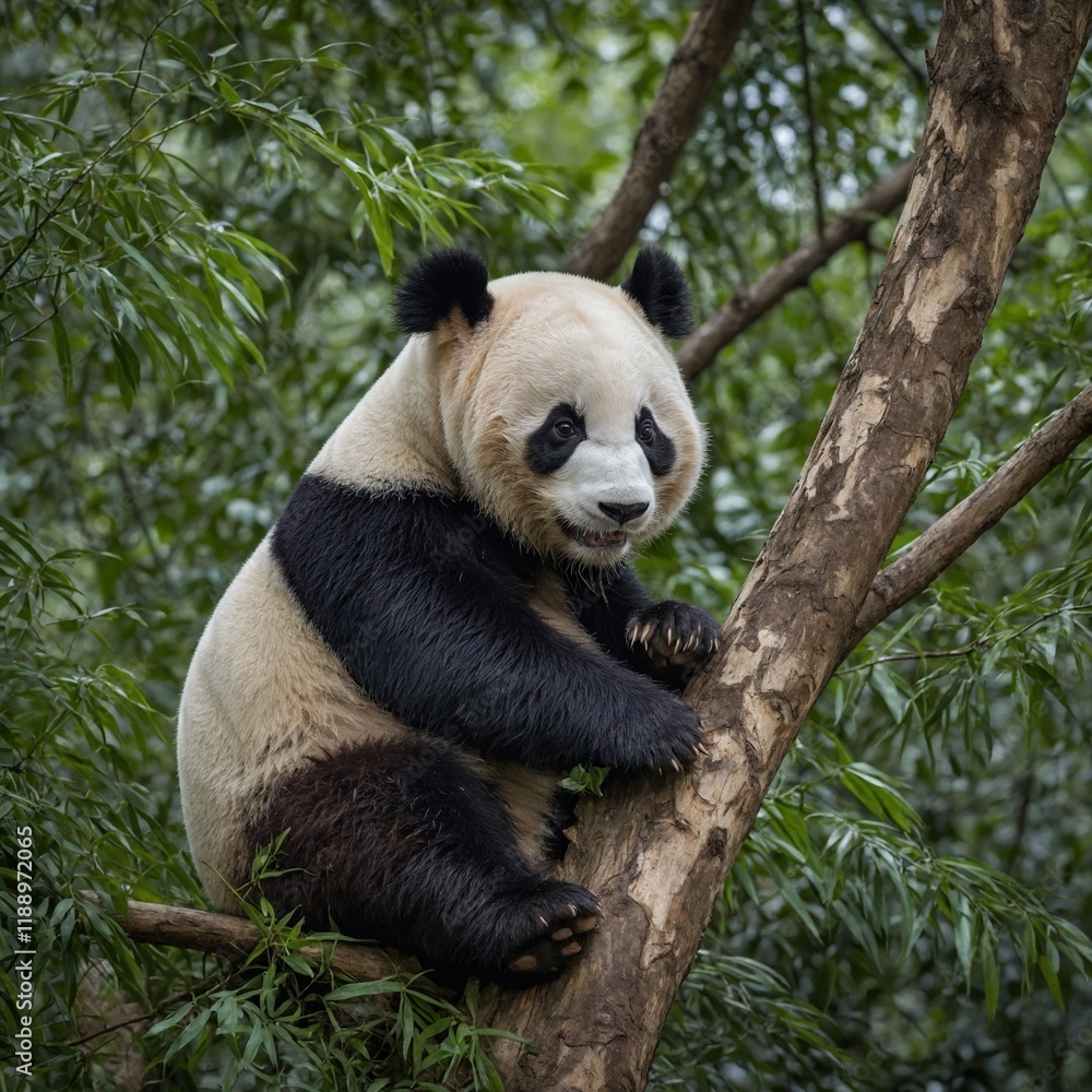 Fototapeta premium Giant panda, Ailuropoda melanoleuca, approximately 6-8 months old, sitting on a tree branch high in the forest canopy.