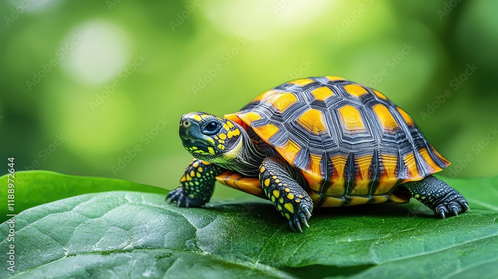 Vibrant Yellow And Black Tortoise On Green Leaf