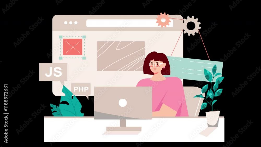 A cartoon woman working at a computer, showcasing skills in JS and PHP, with colorful elements in the background. A cartoon woman working at a computer, showcasing skills in JS and PHP, with colorful elements in the background.