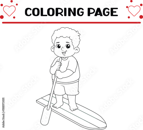 active young boy paddle boarding lake coloring page for kids