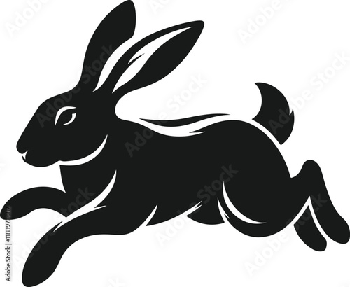 A dynamic, black silhouette of a hare in a mid-leap, against a plain white background.