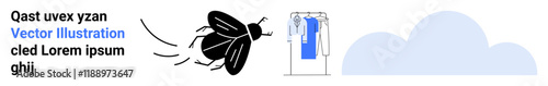 Fly buzzing near wardrobe with hanging clothes, cloud in the background. Ideal for themes thumbs up cleanliness, pest control, domestic life, nature, outdoor living, discomfort summer. Landing page