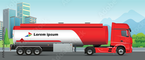 icon logo sign symbol red oil petrol gas pump pom solar tank tanker fill fuel heavy truck big large huge long cargo body lorry car drive road side view art bumn flat isolated white send modern vector