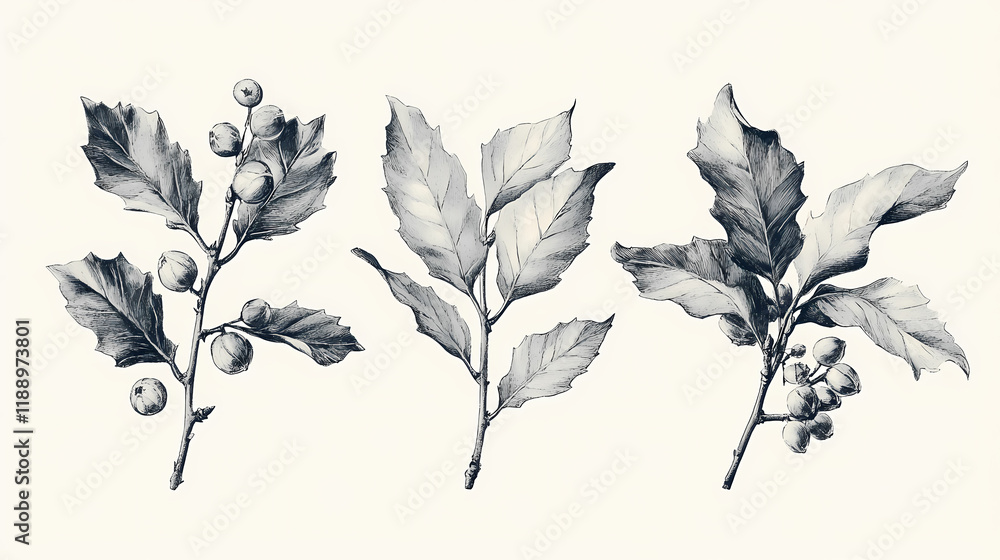 Fototapeta premium Holly botanicak plant leaf tree. Thornpath. Illustration