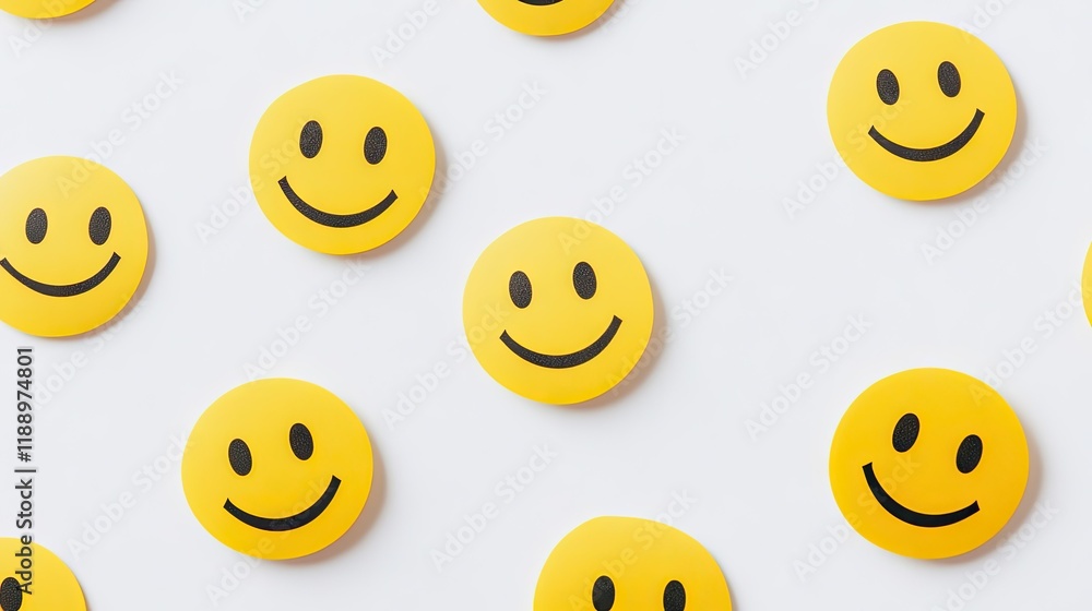 Fototapeta premium A series of yellow smiley face stickers lined up diagonally on a white backdrop.