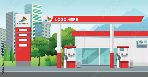 Icon petrol station store art modern map road sign symbol logo famous city style buy shop store urban 3d flat rest area street trip gas pom red solar oil fuel spbu pump bumn vector green grass tree