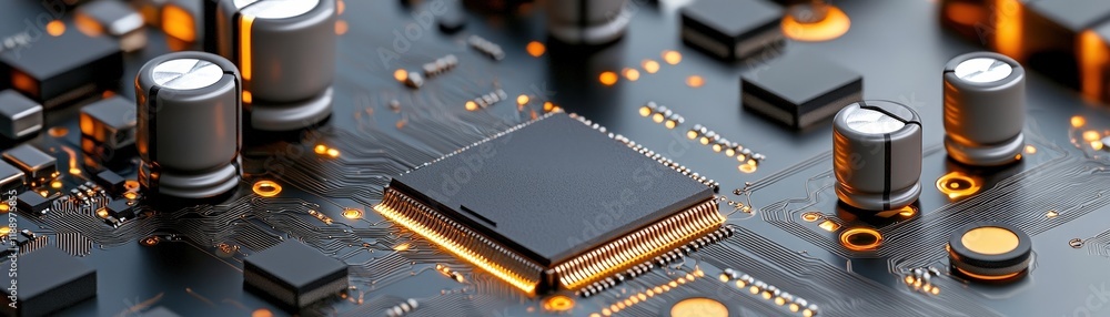 Detailed Close-Up of Circuit Board with Microchip, Capacitors, and Modern Electronic Components Detailed Close-Up of Circuit Board with Microchip, Capacitors, and Modern Electronic Components