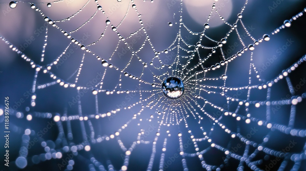 A stunning shot of a spider web, sparkling with water droplets, against a hazy sunrise background. A stunning shot of a spider web, sparkling with water droplets, against a hazy sunrise background.