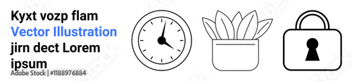Clock representing time, plant in pot symbolizing nature and growth, and padlock for security. Ideal for time management, productivity, safety, environmental themes, business, personal growth