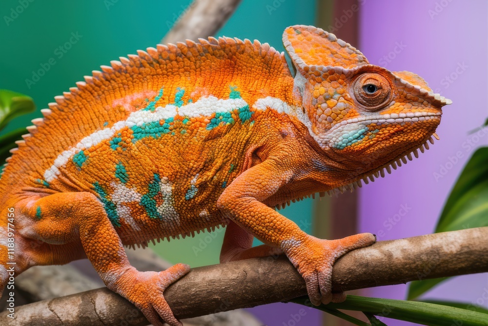 Obraz premium Vibrant chameleon, orange and blue scales, large eyes, curled tail, thin branch, blurred green background, macro photography, textured skin, exotic reptile, colorful lizard, nature close-up, tropical 