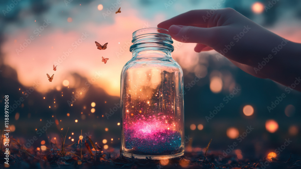 Capturing magic hand touching jar of light with butterflies at sunset fantasy scene natural setting dreamy view Capturing magic hand touching jar of light with butterflies at sunset fantasy scene natural setting dreamy view