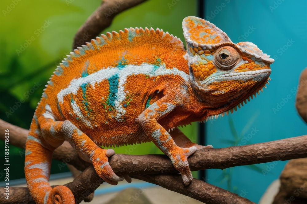 Obraz premium Vibrant chameleon, orange and blue scales, large eyes, curled tail, thin branch, blurred green background, macro photography, textured skin, exotic reptile, colorful lizard, nature close-up, tropical 