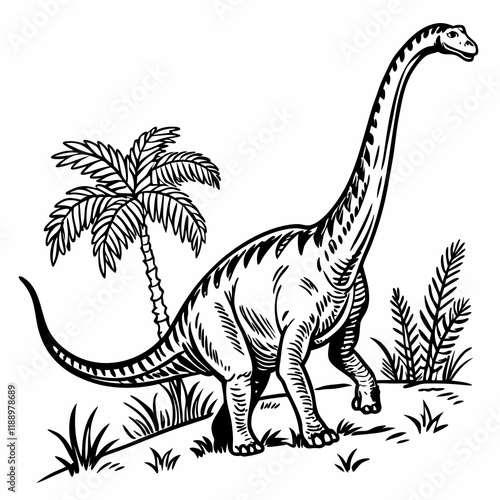 Diplodocus line art icon, Dinosaur, Cretaceous, line art Black vector illustration