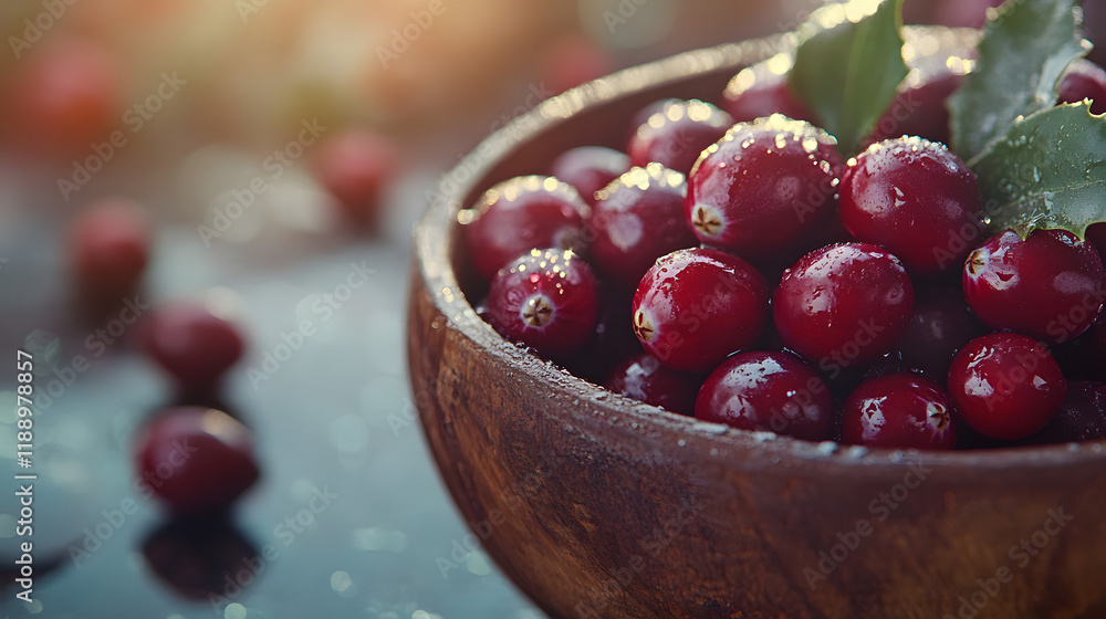 Close-Up of Fresh Cranberries with Water Droplets and Green Leaves Close-Up of Fresh Cranberries with Water Droplets and Green Leaves