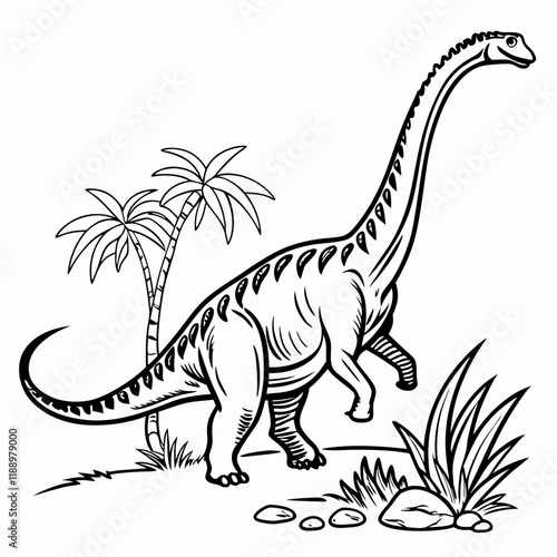 Diplodocus line art icon, Dinosaur, Cretaceous, line art Black vector illustration