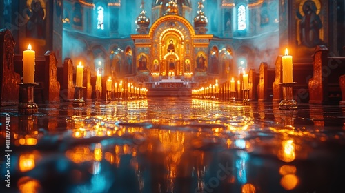 Illuminated church interior reflecting in water, candles, golden altar.