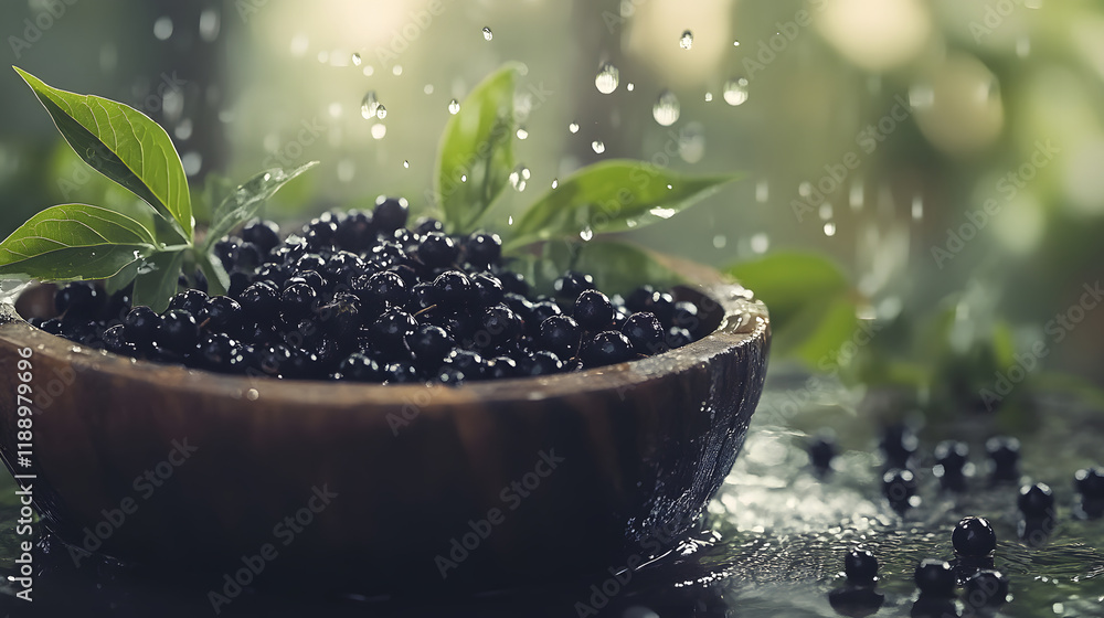 Close-Up of Dark Elderberries with Water Droplets and Green Leaves Close-Up of Dark Elderberries with Water Droplets and Green Leaves