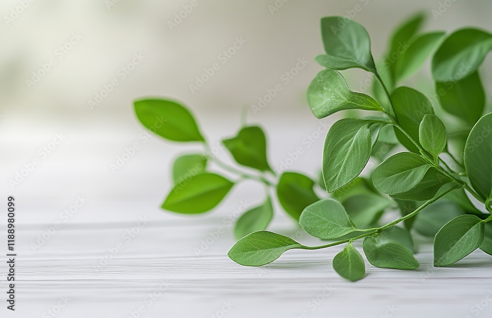 Spring background with green leaves and white wooden table flooring, perfect for product display or spring concept presentation design. White blurred nature backdrop. Spring background with green leaves and white wooden table flooring, perfect for product display or spring concept presentation design. White blurred nature backdrop.