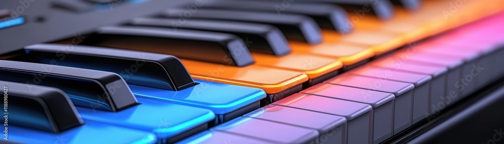 Close-up of Colorful Piano Keys with Smooth Surface and Vibrant Lighting Effects Close-up of Colorful Piano Keys with Smooth Surface and Vibrant Lighting Effects
