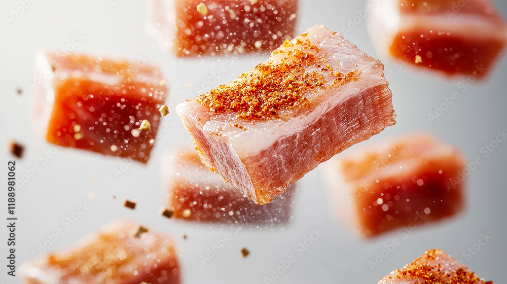 Floating cubes of spice-coated meat create a tantalizing culinary spectacle in a minimalist setting Floating cubes of spice-coated meat create a tantalizing culinary spectacle in a minimalist setting