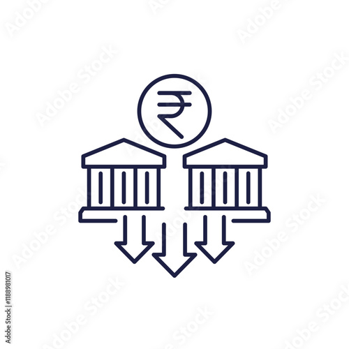 bank deposits drain and cash withdrawals line icon with rupee