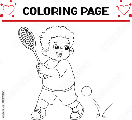 young boy playing tennis with racket coloring page for kids