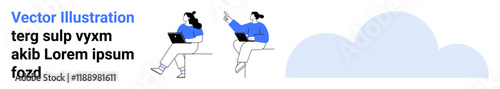 Two characters using laptops, engaging in collaborative remote work. Ideal for teamwork, remote work, cloud computing, tech, office culture, communication, digital workspace. Landing page