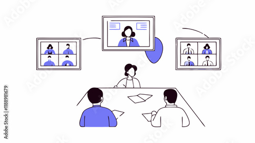 In a virtual meeting setup, people are gathered around a conference table while attending a video call displayed on three screens.Participants appear engaged,with one large screen showing a speaker.AI