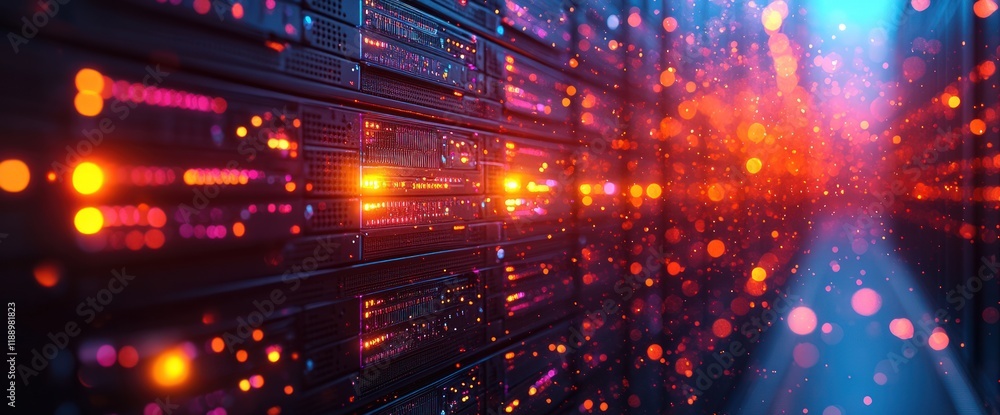 Fototapeta premium Illuminated server rack with glowing lights.