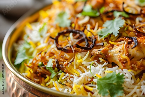 A beautiful and delicious hot biryani with natural light use photo