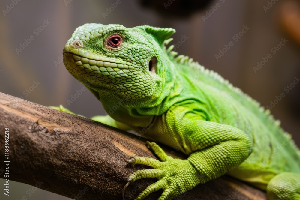 Fototapeta premium Vibrant green iguana, close-up portrait, scaly texture, piercing eyes, reptile beauty, tree branch perch, blurred background, macro photography, exotic pet, wildlife shot, lizard details, emerald hues