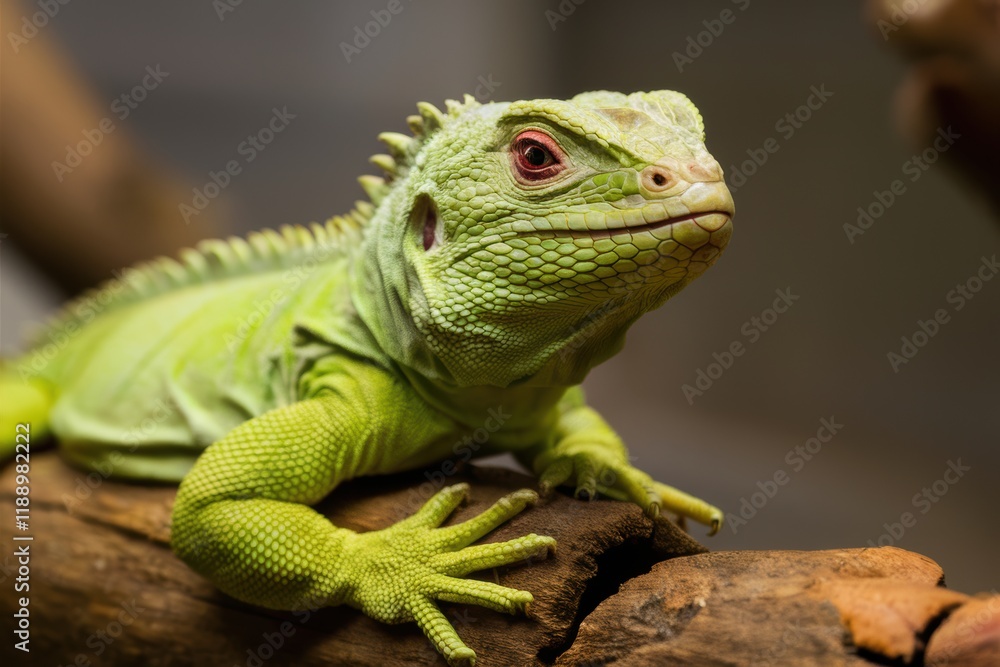 Fototapeta premium Vibrant green iguana, close-up portrait, scaly texture, piercing eyes, reptile beauty, tree branch perch, blurred background, macro photography, exotic pet, wildlife shot, lizard details, emerald hues