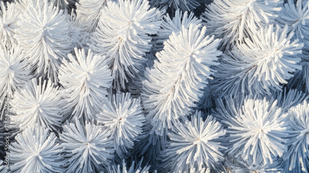 Close-up of snow-covered pine needles under the warm rays of a winter afternoon sun. Close-up of snow-covered pine needles under the warm rays of a winter afternoon sun.
