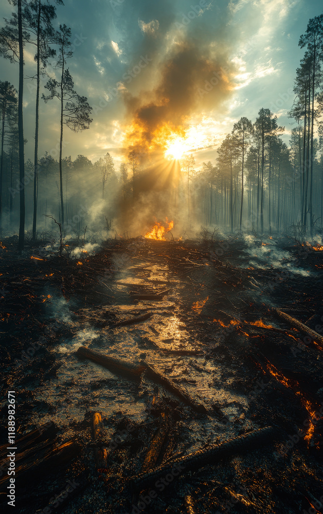 Fototapeta premium A forest fire is burning in the woods, with the sun shining through the smoke. The scene is dark and ominous, with the fire spreading rapidly and the smoke filling the air