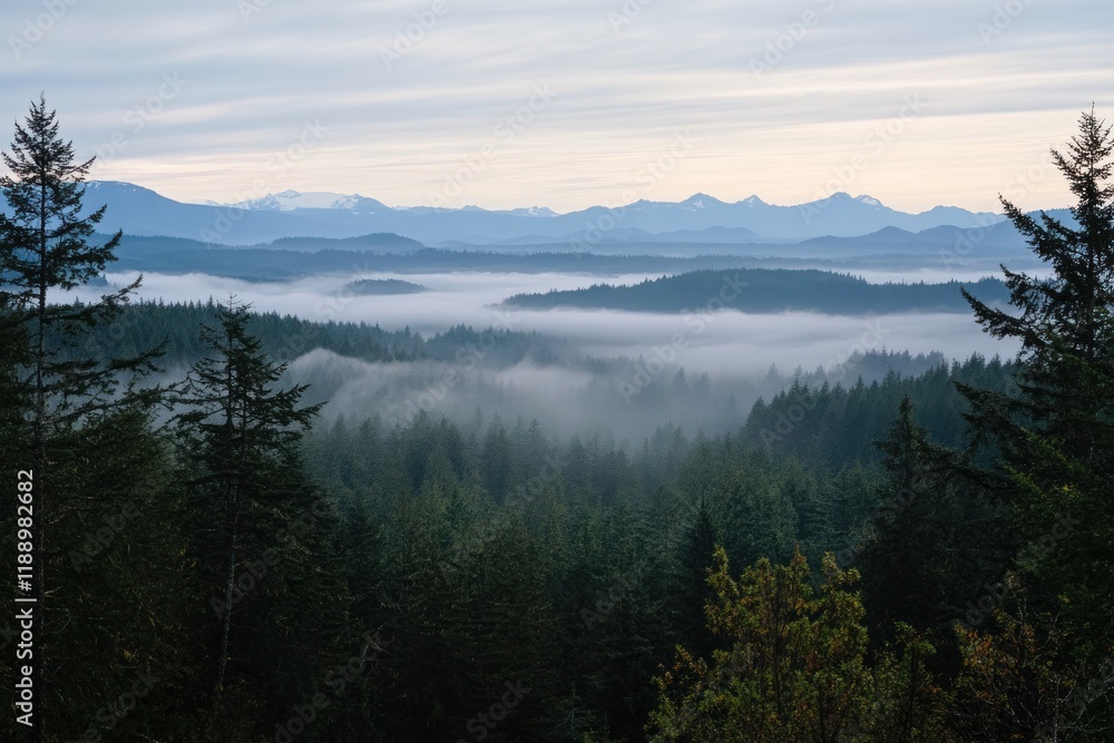 Obraz premium Misty Mountains and Evergreen Forest Landscape
