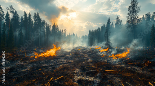 A forest fire is burning in the woods. The sky is cloudy and the sun is setting. The fire is spreading quickly and the trees are on fire