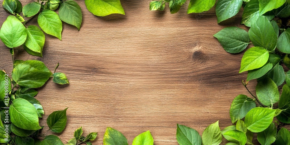 wooden table top with spring green leafs as frame and free space for text wooden table top with spring green leafs as frame and free space for text