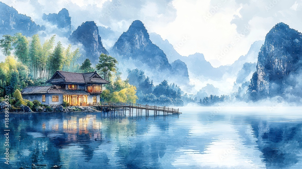 Fototapeta premium Serene lakeside house nestled in misty mountains.