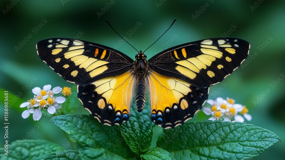 Obraz premium Close-up of a beautiful yellow and black butterfly resting on a green leaf with small white flowers around it