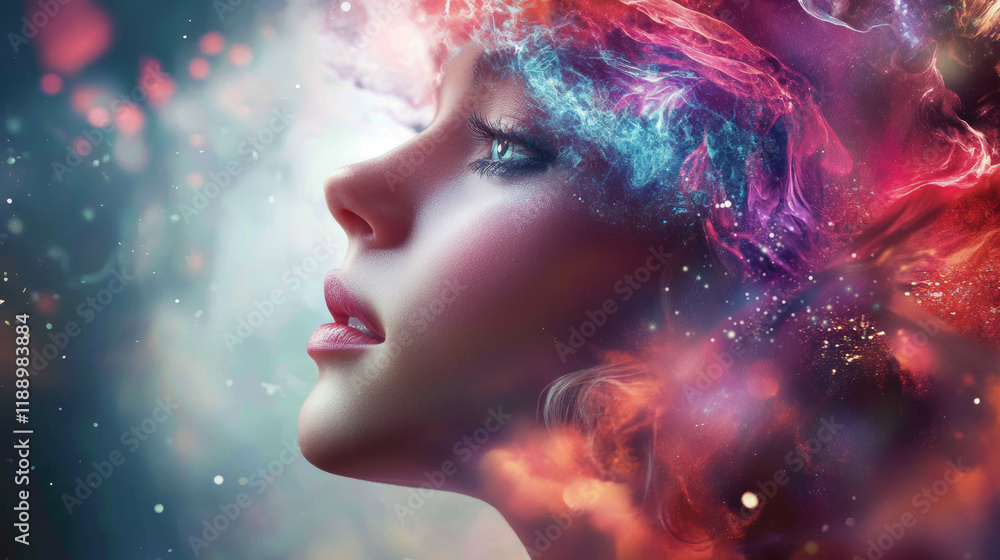 Captivating portrait of a dreamy woman ethereal setting digital art surreal environment profile view imagination unleashed Captivating portrait of a dreamy woman ethereal setting digital art surreal environment profile view imagination unleashed