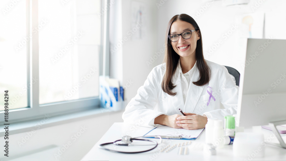 European woman doctor with purple ribbon, sign of World Cancer Day, Alzheimer disease day, Pancreatic cancer, Epilepsy, Lupus, working in medical office European woman doctor with purple ribbon, sign of World Cancer Day, Alzheimer disease day, Pancreatic cancer, Epilepsy, Lupus, working in medical office