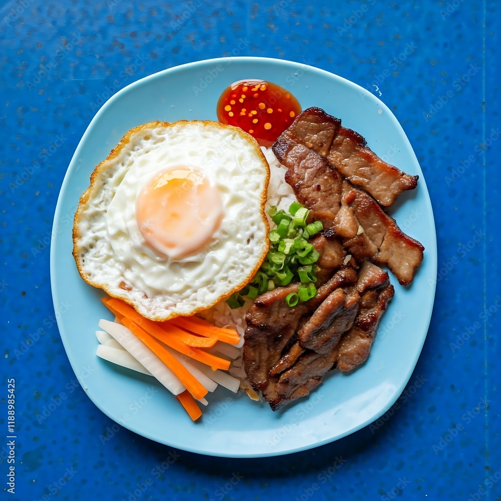 A plate of Com Tam with grilled pork, fried egg, and pickled vegetables. Com Tam (Broken Rice) A plate of Com Tam with grilled pork, fried egg, and pickled vegetables. Com Tam (Broken Rice)