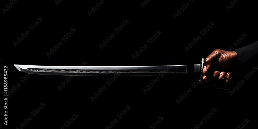 Fototapeta premium A hand gripping a katana, a long, curved Japanese sword, against a stark black background. The image emphasizes the weapon's sharpness and the intensity of the grip.